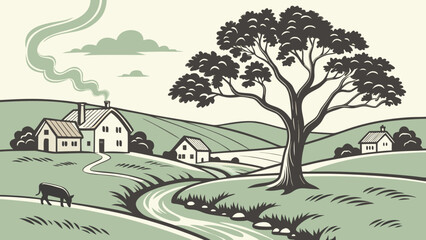 Obraz premium Rural farmhouse landscape illustration with cow and large tree, rural life