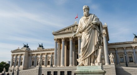 Obraz premium Ancient Greek Statue in Front of Neoclassical Building.