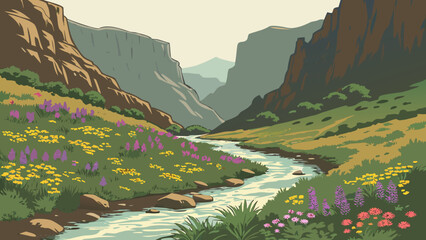 Scenic mountain valley with a flowing stream and wildflowers, outdoor adventure © Rimo