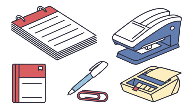 Isometric illustration of office supplies and equipment with staple machine