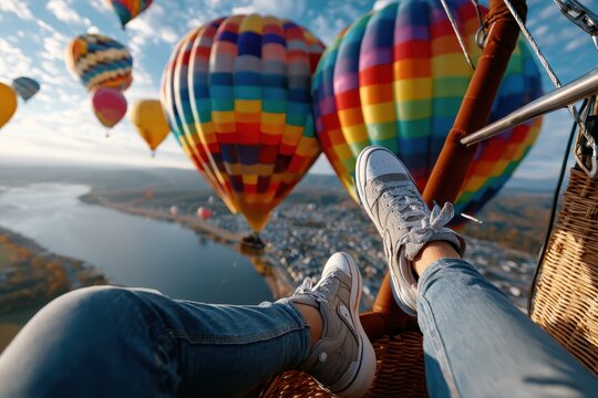 Experience colorful hot air balloons above a scenic riverside town in autumn