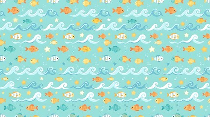 Colorful fish swimming in ocean waves seamless pattern