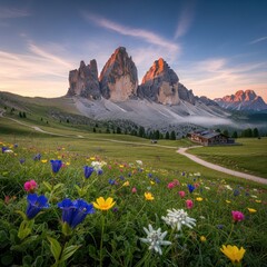 Fototapeta premium Alpine Meadow with Wildflowers and Majestic Mountain Peaks at Dawn.
