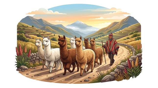 Shepherd herding alpacas on a mountain path in the andes
