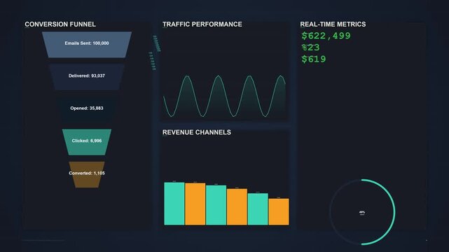 Business conversion funnel dashboard with dynamic charts and analytics data