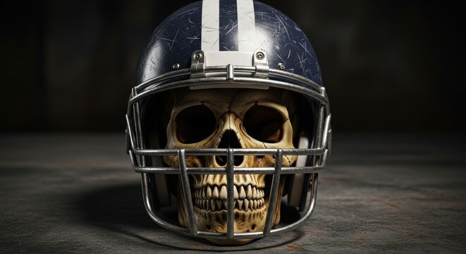 American football helmet with skull inside dark studio.