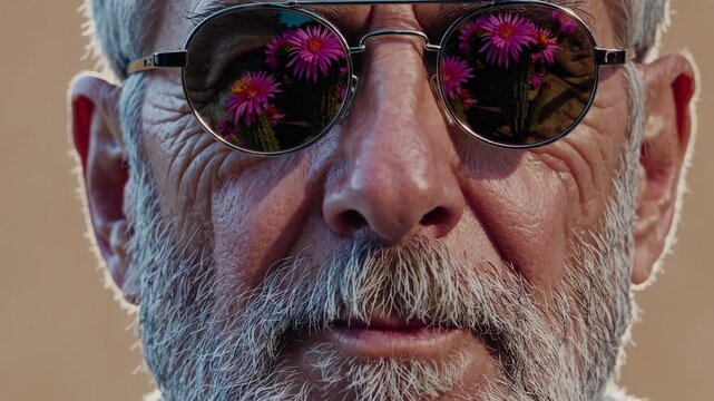 Close-up of elderly man wearing sunglasses with flower reflections. He enjoys peaceful moment outdoors, appreciating nature's beauty. Calm atmosphere enhances relaxation and mindfulness.