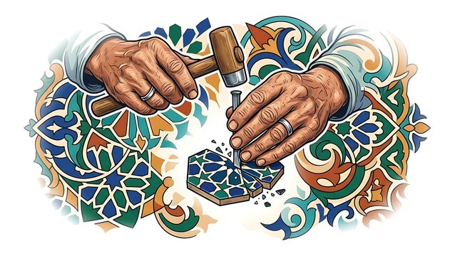 Artisan hands carving traditional mosaic tiles with hammer and chisel