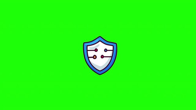 Animated cyber security shield doodle icon with circuit pattern, hand-drawn flat vector line art, looping motion graphic for tech and data protection design