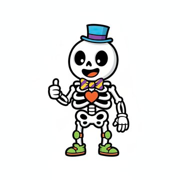 Cartoon Skeleton Character with a Top Hat and Bow Tie Giving a Thumbs Up