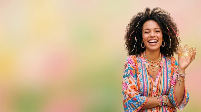 Smiling stylish woman holding a golden crown against a pastel background with copy space for beauty and lifestyle themes
