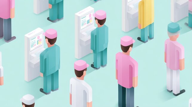 Isometric People Using Self-Service Kiosks for Digital Transactions