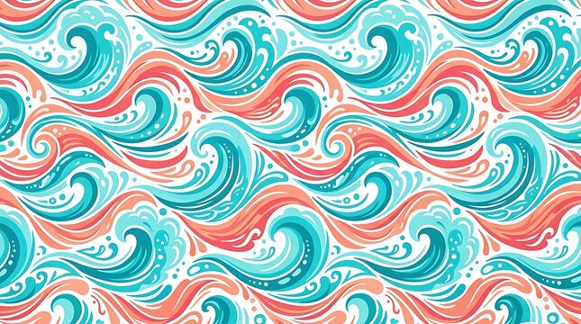 Colorful ocean wave seamless pattern with stylized curls and swirls