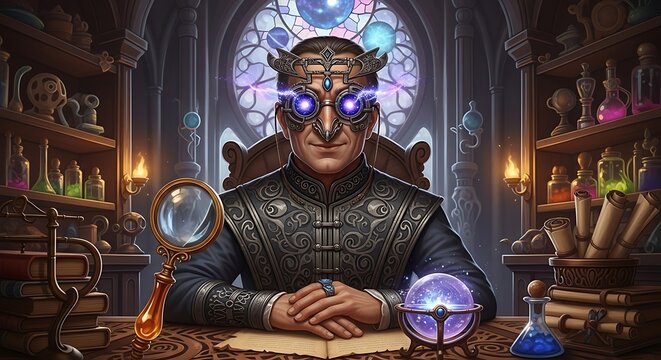 Alchemist in medieval laboratory surrounded by potions.