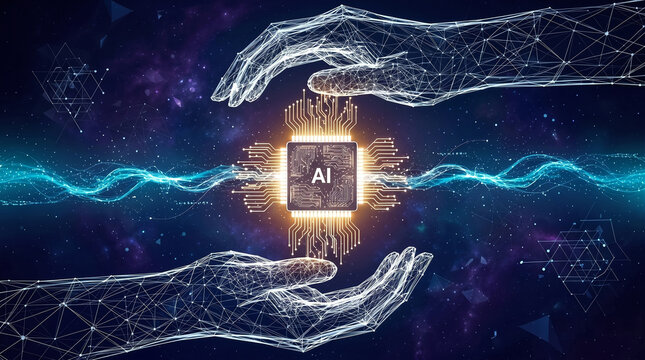 Digital wireframe hands protecting an artificial intelligence microchip processor in cyberspace., Futuristic concept of artificial intelligence hardware with glowing energy waves and digital hands.