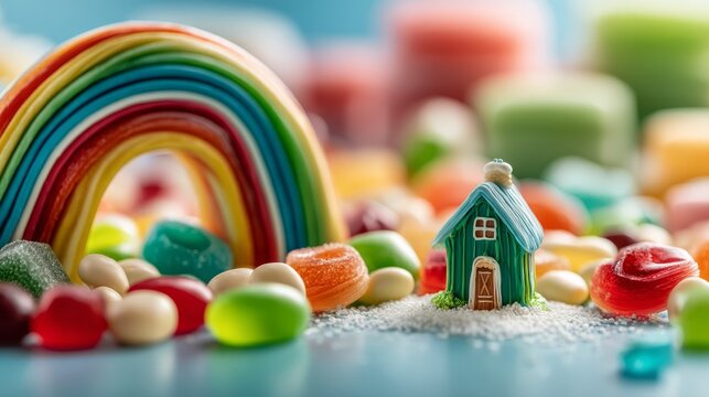 Colorful miniature candy village with rainbow arch and tiny house detail