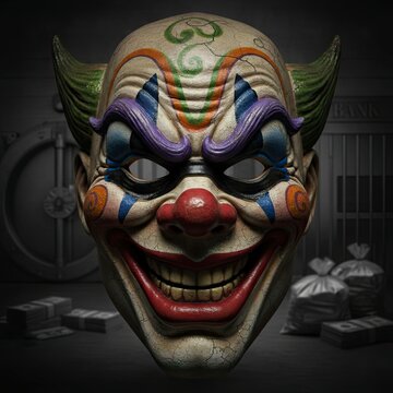 A man wearing clown mask, points a gun during a bank robbery, threatening to shoot anyone who disobey. A heist in progress, with robber disguising his face, aiming a handgun.