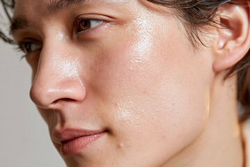 Fototapeta premium Glowing close up portrait of young adult with dewy skin and natural makeup showcasing clear texture and subtle blemish, contemplative expression, soft lighting, editorial skincare vibe