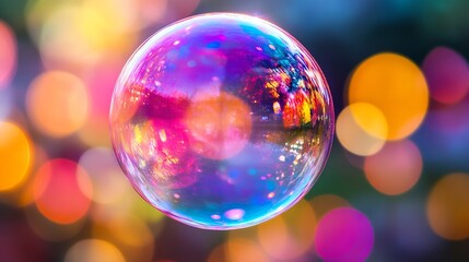 Obraz premium A vibrant, iridescent soap bubble reflects a colorful bokeh background, symbolizing fragility, beauty, and fleeting moments of joy