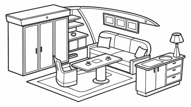 Modern cabin bedroom interior furniture layout line art sketch with furniture