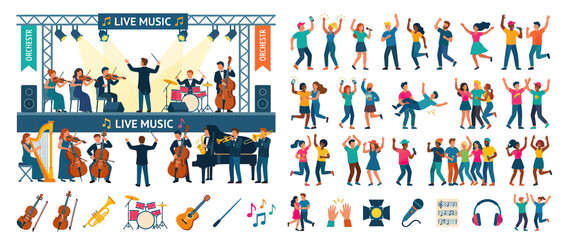 Live Music Orchestra Performance and Dancing Crowd Illustration © firia