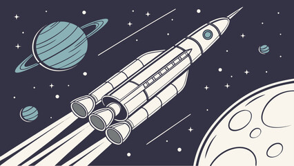 Vintage illustration of rocket ship flying past planet saturn in space © Juba