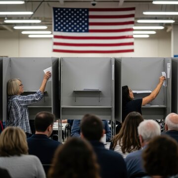 American voters casting ballots in polling station.