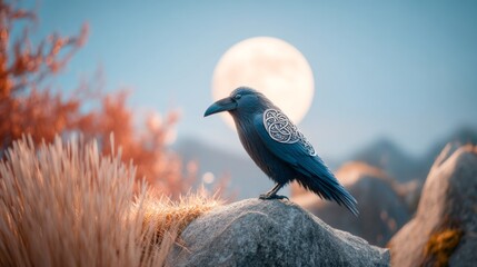 Obraz premium Ornate Raven Under Moonlight with Norse Symbolism in a Zodiac Theme