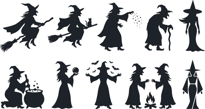 Halloween Witch Silhouette Collection with Flying Broom, Magic Spells, Cauldron, Wizards and Spooky Fantasy Characters Vector Set