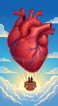 Anatomical Heart Floating in Sky with Hot Air Balloon.