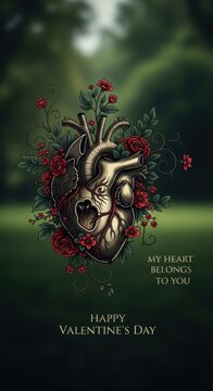 Anatomical Heart with Roses for Valentines Day.