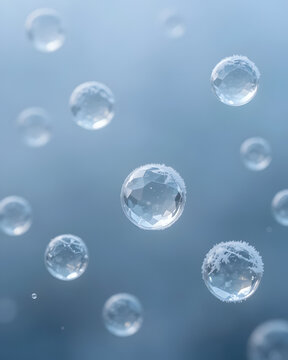 Clear frozen ice bubbles floating in soft blue background capturing cold fresh winter atmosphere and natural delicate texture