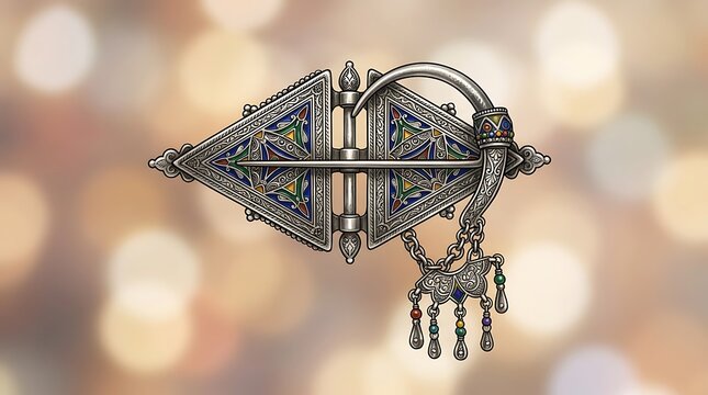 Ornate traditional silver fibula with colorful enamel details