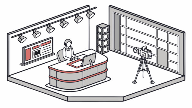 News anchor desk with camera and teleprompter in a television studio, television