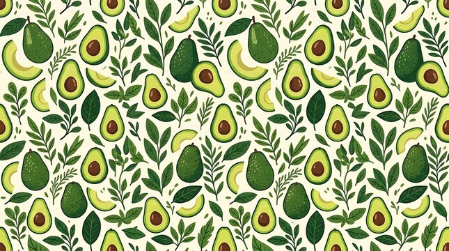 Seamless pattern of whole and sliced avocados with green leaves