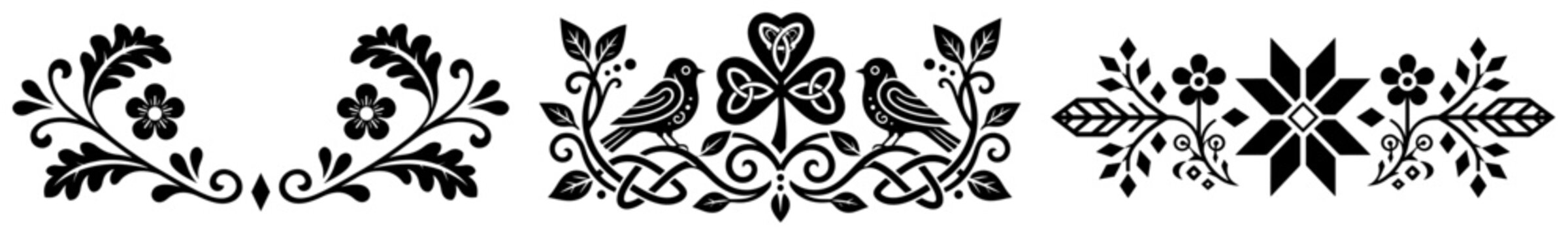 Traditional folk ornament with birds and clover flowers in symmetrical ethnic style