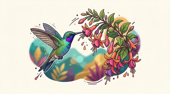 Hummingbird feeding on colorful fuchsia flowers in garden