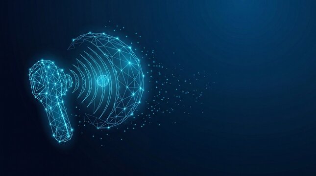 Futuristic sound wave explosion with glowing particles. High-tech audio visualization in neon blue digital space.