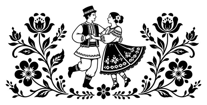 Couple in traditional folk costumes dancing surrounded by floral ornaments in papercut style