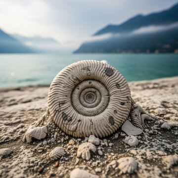 Ancient Ammonite Fossil on Rocky Lake Shore.
