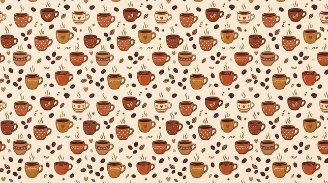 Seamless pattern with steaming coffee cups and roasted beans