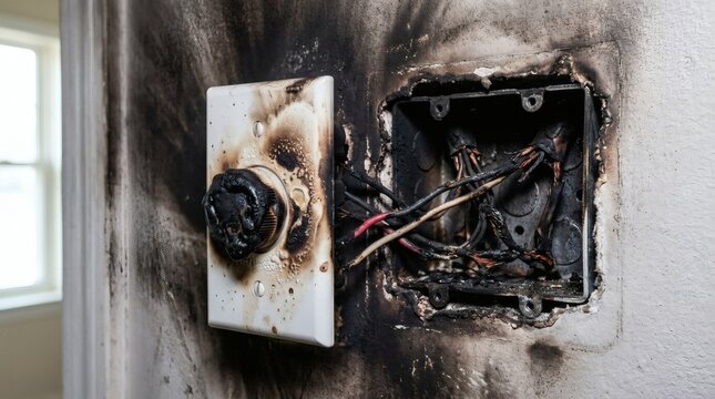 Burnt electrical outlet and damaged wires, fire damage in home.