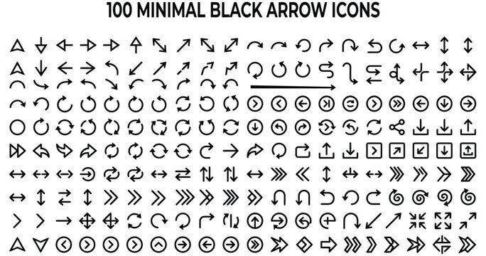 Collection of 100 minimal black arrow icons for design and user interface