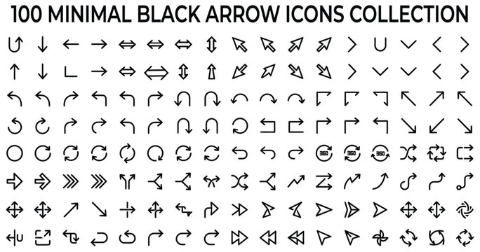 100 minimal black arrow icons collection for design and user interface