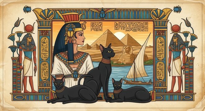 Ancient Egyptian Artwork with Pharaohs and Pyramids.