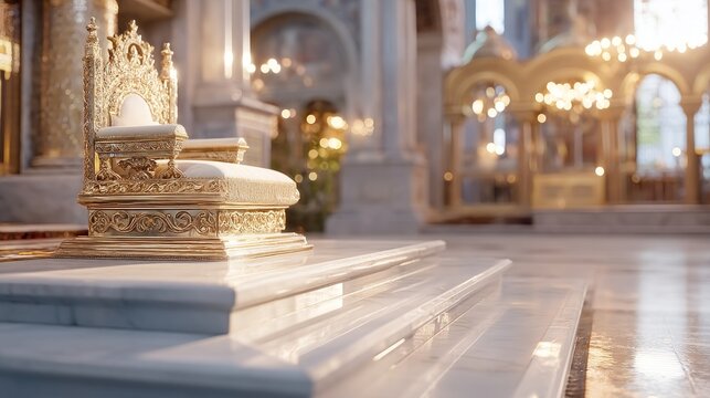Ornate Throne in a Grand Basilica Hall with Mosaic Details and Soft Lighting