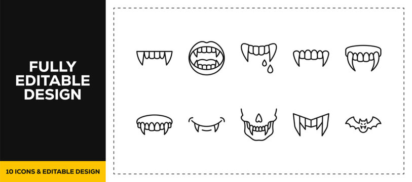 flat vector illustration line art icon bundle set design depicting spooky vampire teeth scary halloween fangs horror dracula smiles and creepy monster mouth graphics UI