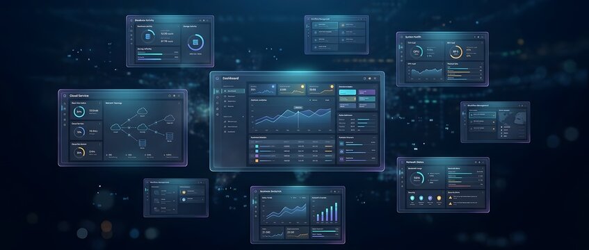 Abstract virtual user interface with glowing data visualizations charts and network monitoring panels