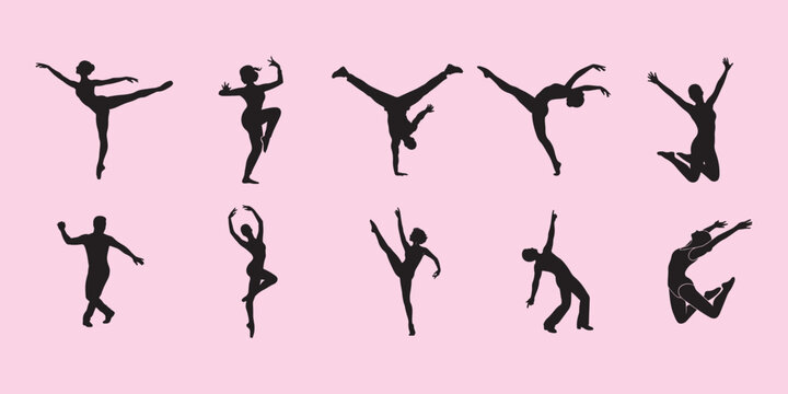 Contemporary Dance Silhouette Set - Leaps, Jumps and Elegant Poses on Pink
