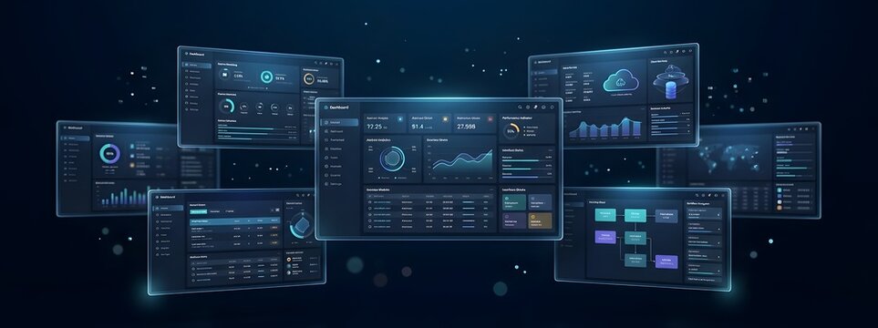 Futuristic HUD interface displaying big data analytics system monitoring panels and glowing statistics